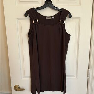 Sleeveless Brown Ring-Shoulder Shift Dress